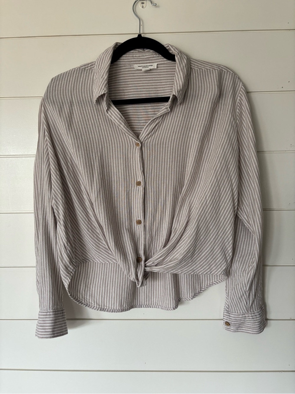 beachlunchlounge Taupe and White Striped Tie-Front Button-Down Top